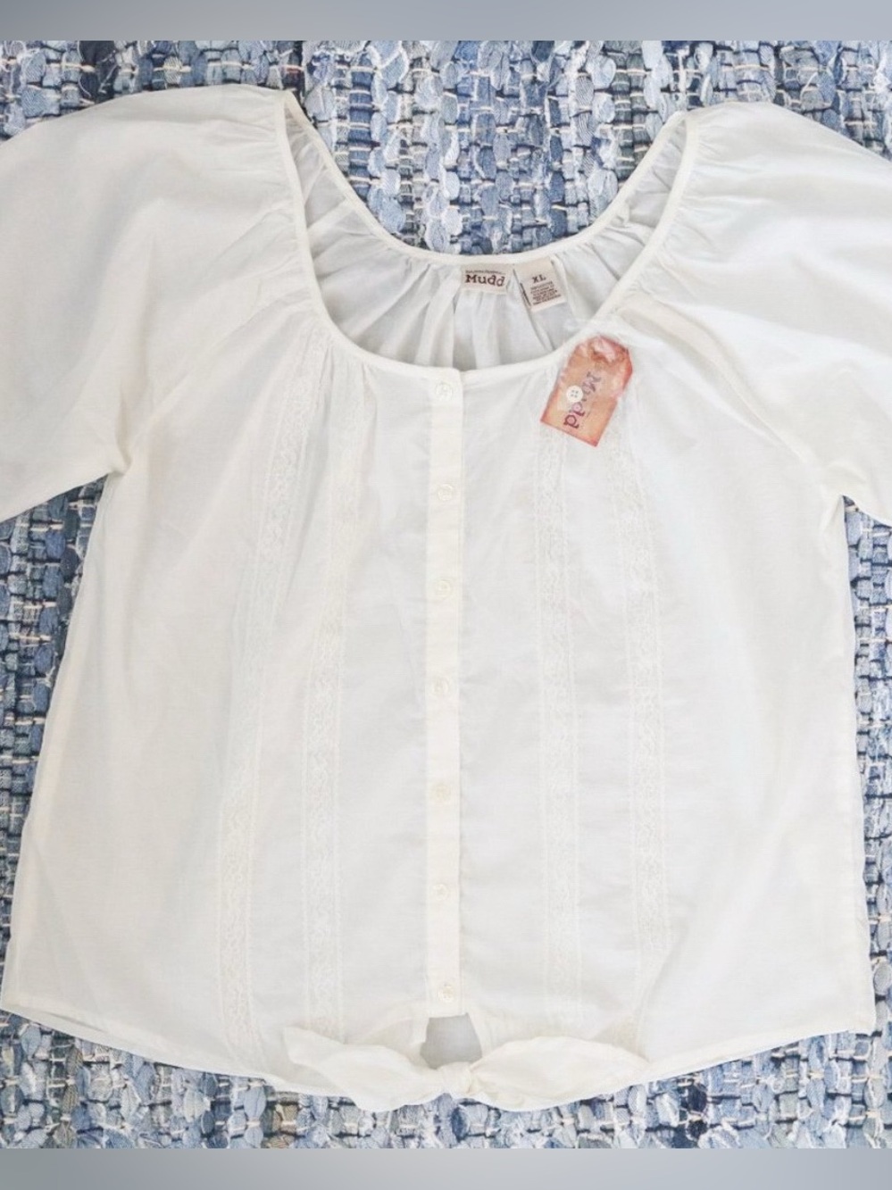 Mudd | Boho Chic Babydoll Lace Peasant Top White Cotton Coquette Blouse XL NWT